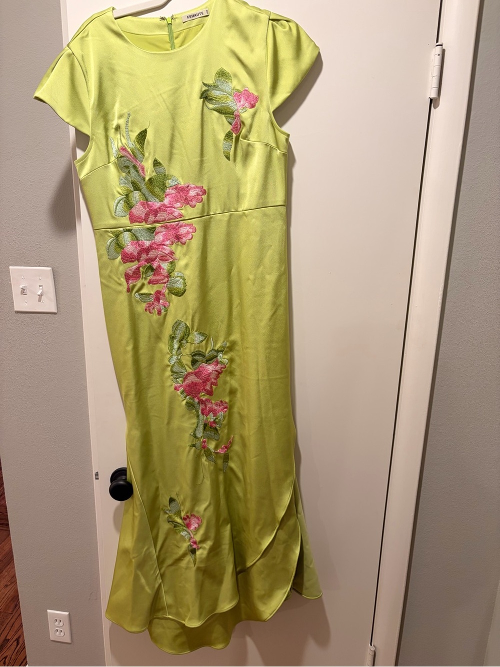 Fehaute Lime Green Floral Embroidered Maxi Dress